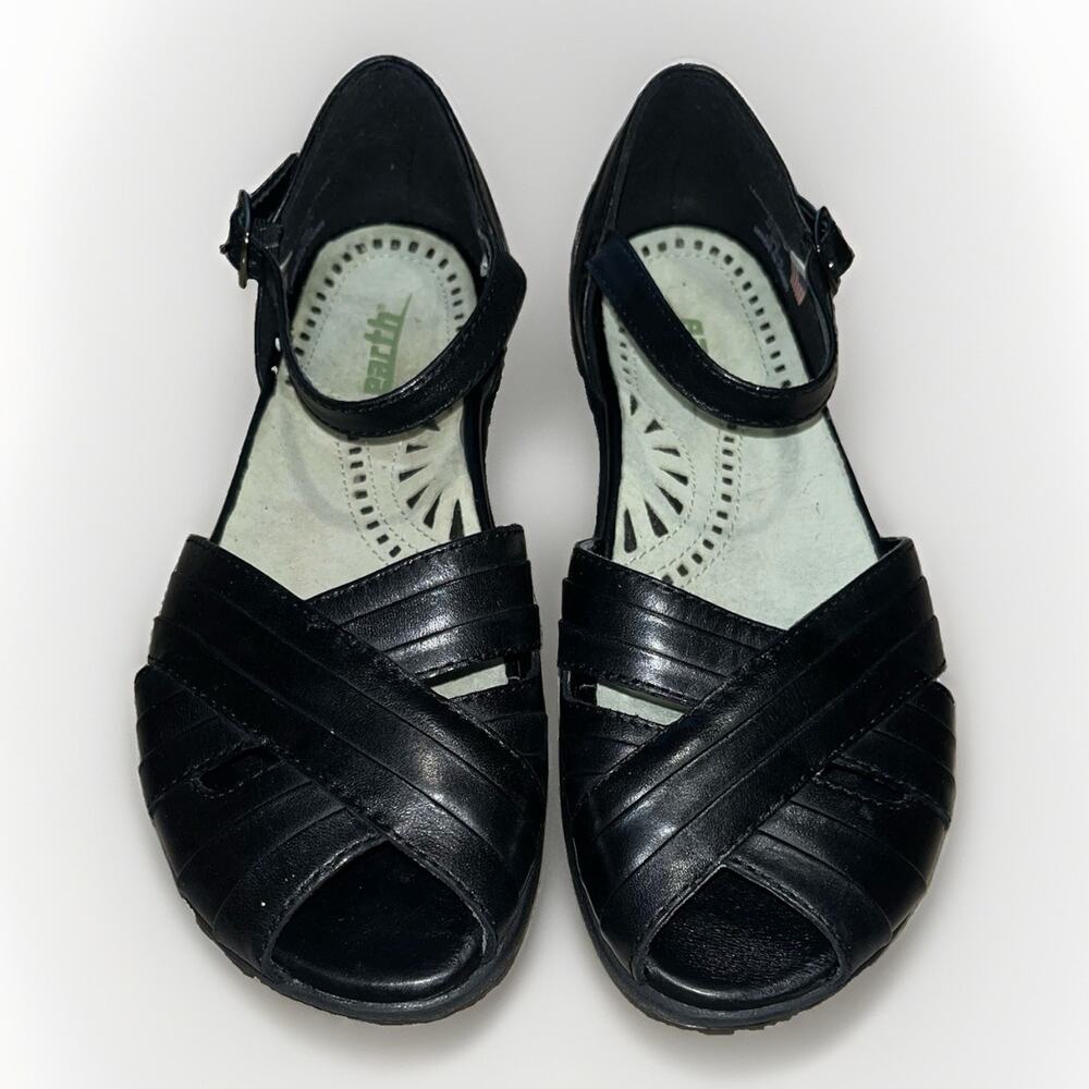 Kalso Earth Black Leather Sandal ‘Fey’ Orthopedic Green Insole Women’s Size 6 M